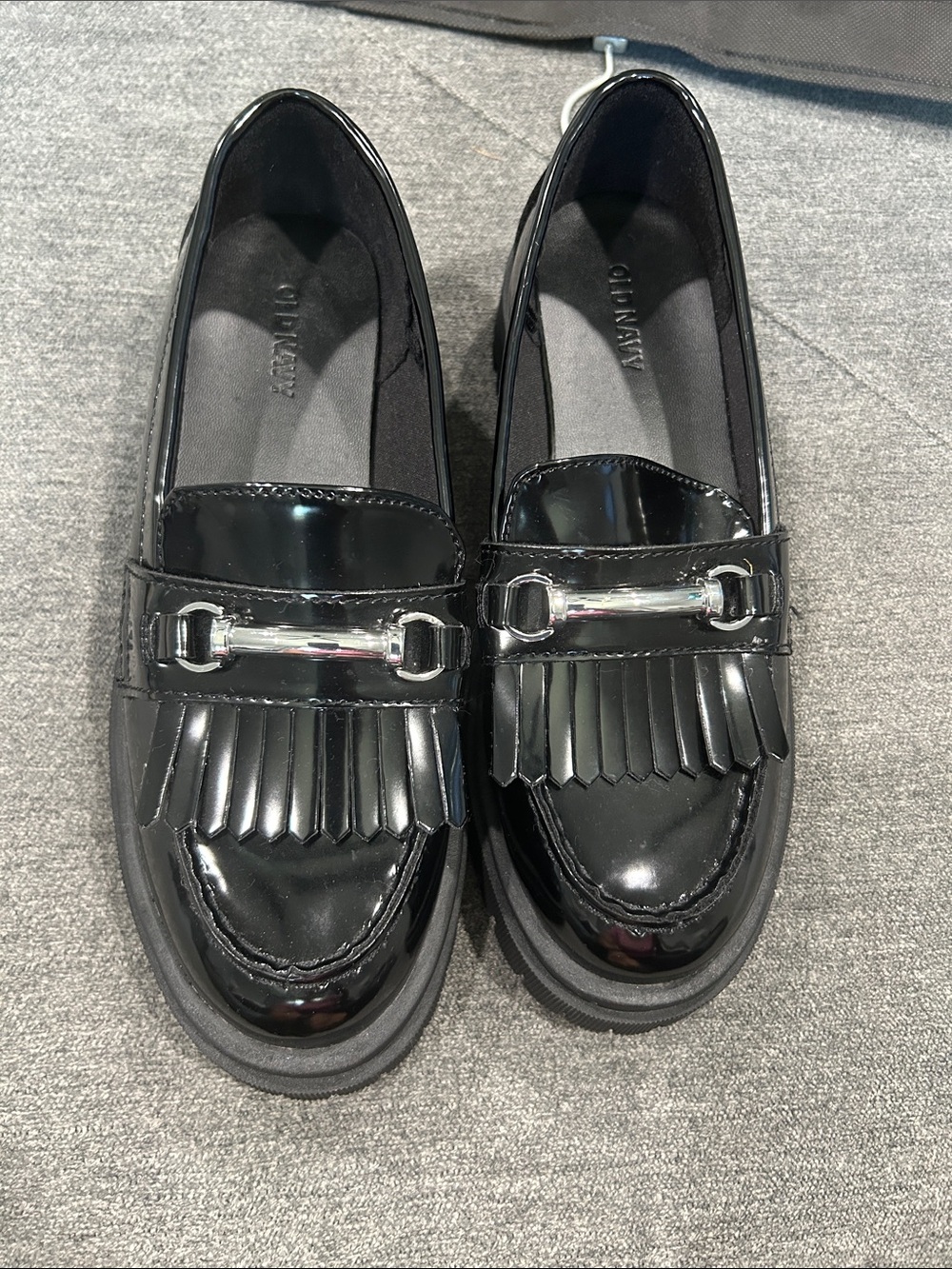 Old Navy Black Patent Kiltie Loafers with Silver Bit